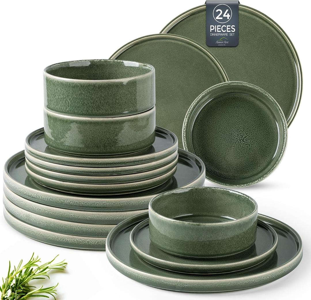 AmorArc Ceramic Dinnerware Sets, Handmade Reactive Glaze Stoneware Plates and Bowls Sets,Highly Chip and Crack Resistant | Dishwasher & Microwave Safe Dishes Set, Service for 8 (24pc)