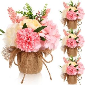 Novabright 4 Packs Artificial Flowers Centerpieces for Tables Decoration Faux Floral Pink Hydrangea in Small Burlap Vases Centerpiece Bouquets for Spring Easter Table Wedding Home Office Party