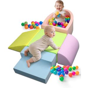 Baby Climbing Blocks, Soft Play Set for Crawling Baby 6-12 Months, Anti-Slip Particles Bottom & Velcro Connectors, High-Density Foam Gym with Soft Fabric Cover (Balls not Included)(Colorful)