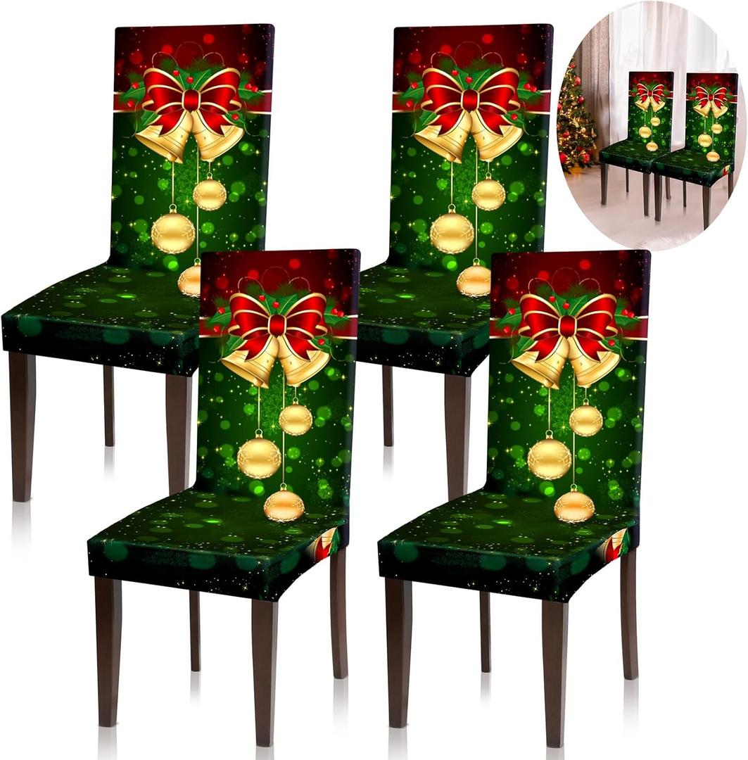 Moukeren 4 Pcs Green Christmas Chair Covers Set Stretch Removable Washable Christmas Dining Chair Seat Covers for Home Hotel Dining Room Kitchen Banquet Wedding Xmas Party Decor