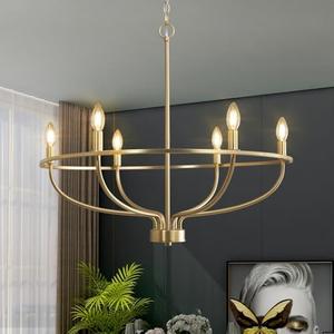 FookChak 6 Light Gold Chandelier, Brushed Gold Light Fixture Dining Table Candle Brass Chandelier Lighting for Bedroom Hallway Entryway Living Room Kitchen 29in Brushed Brass Chandeliers