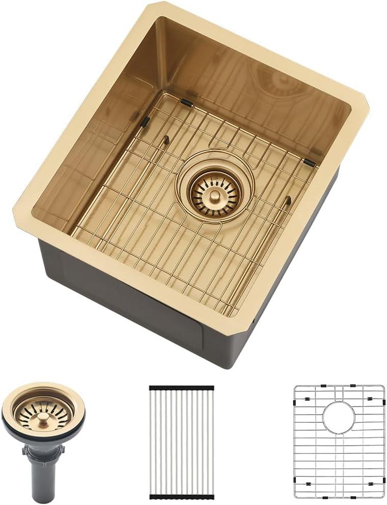 13 Inch Gold Bar Sink Undermount-VASOYO 13x15 Inch Undermount Bar Sink Gold Small Rv Kitchen Sinks Outdoor Island Sinks 16 Gauge Stainless Steel Single Bowl Basin with Bottom Grid