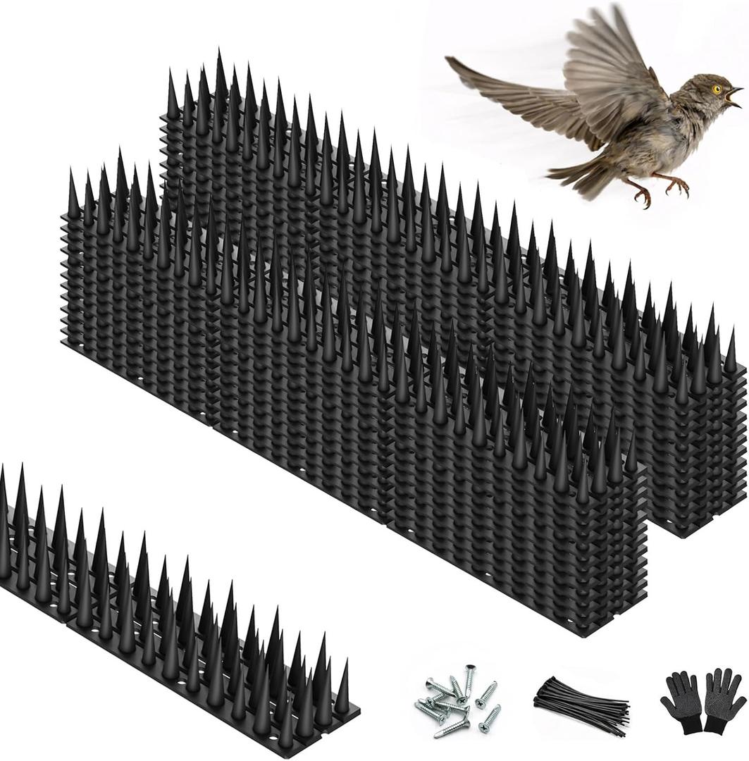 Bird Spikes, 30 Pack, 41.9 FT Total Coverage, Outdoor Bird Deterrent for Pigeons and Small Birds, Helps Keep Cats and Squirrels Away, Plastic Spikes for Fences, Railings and Roofs, Black