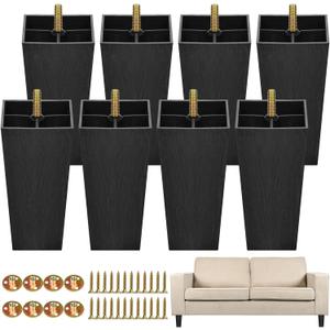 TURSTIN 8 Pack 5.7 Inch Furniture Legs Plastic Sofa Couch Legs Square Tapered Feet Sofa Legs with M8 T-Nuts Screws for Legs Sofas Chairs Cabinets Dressers Beds, Black