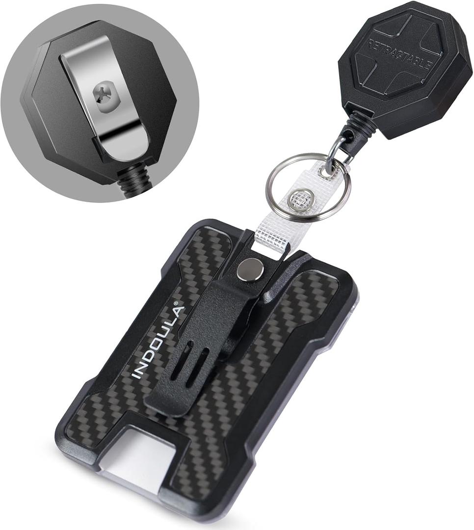 Retractable Badge Holder with Belt Clip,Heavy Duty Retractable Keychain with Tactical ID Card Holder (Holds 4 Cards),Carbon Fiber-Texture, with 31.5Badge Reel,Black