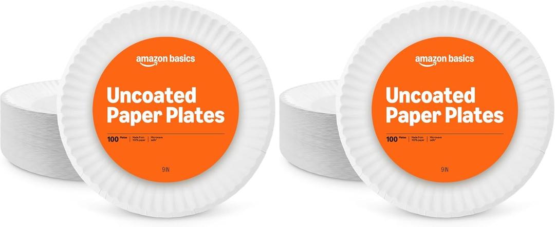 Amazon Basics 9" Uncoated White Paper Plates 2 Pack (200 count)