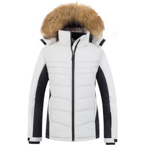 Pursky Women's Waterproof Ski Jacket Winter Puffer Snow Coat Fur Hooded Raincoat (Large, White Black)