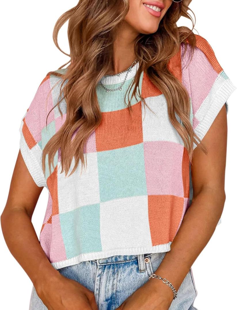 Womens Cap Sleeve Summer Tops Crop Checkered Y2K Outfits Cute Preppy Clothes Loose Fit Lightweight Short Sleeve Sweater (Brown, XL)