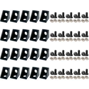 20 Sets 2020 Aluminum Extrusion T Slot Corner Bracket 20 Series Extruded Hardware 90 Degree Right Angle Connector with M5 Bolts Nuts for 20/20 80 20 2040 T V Slot Black Aluminum Profile