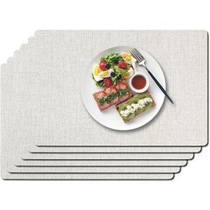 Vinyl Placemats Set of 6-1217.7 Inch Waterproof & Heattable Placemats, Fall Faux Leather Wipeable Outdoor Table Mat for Dining, Kitchen, Indoor Outdoor Use (Beige, Wood Grain)