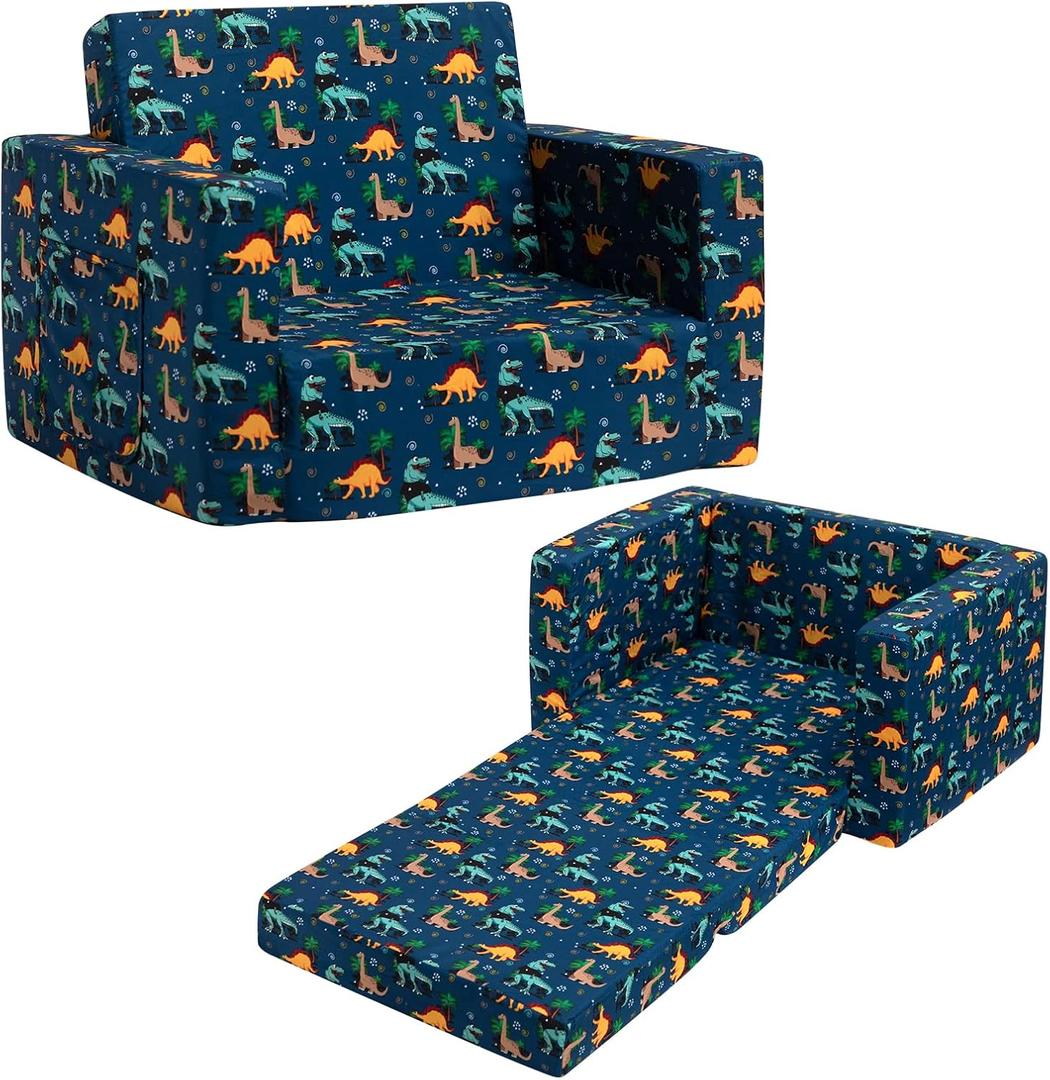 ALIMORDEN 2-in-1 Flip Out Comfy Toddler Couch, Lovely Kids Chair Convertible Sofa to Lounger for Story/Nap Time, Cool Dinosaurs