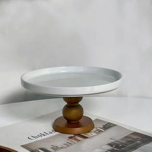 White Cake Stand Small Mini Cake Pedestal Plate Stand, 6 inch Vintage Ceramic Round Wood Pie Stand for Party Wedding, Candle Jewelry Decorative Tray (Brown Wooden High-Foot)