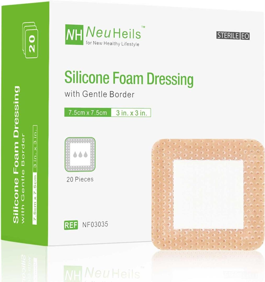 NeuHeils Silicone Foam Dressing with Gentle Border 3''x3'', 20 Packs for Bed Sore Leg Ulcer, High Absorbency Waterproof Silicone Wound Bandage