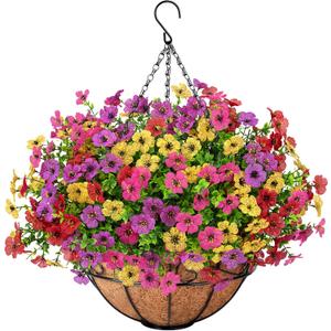 Roberly Artificial Hanging Flowers for Outdoors with Hanging Basket Fake Silk Flowers Plastic Faux Plants UV Resistant for Spring Summer Front Porch Porch Patio Garden Home Decor, Mixed Color