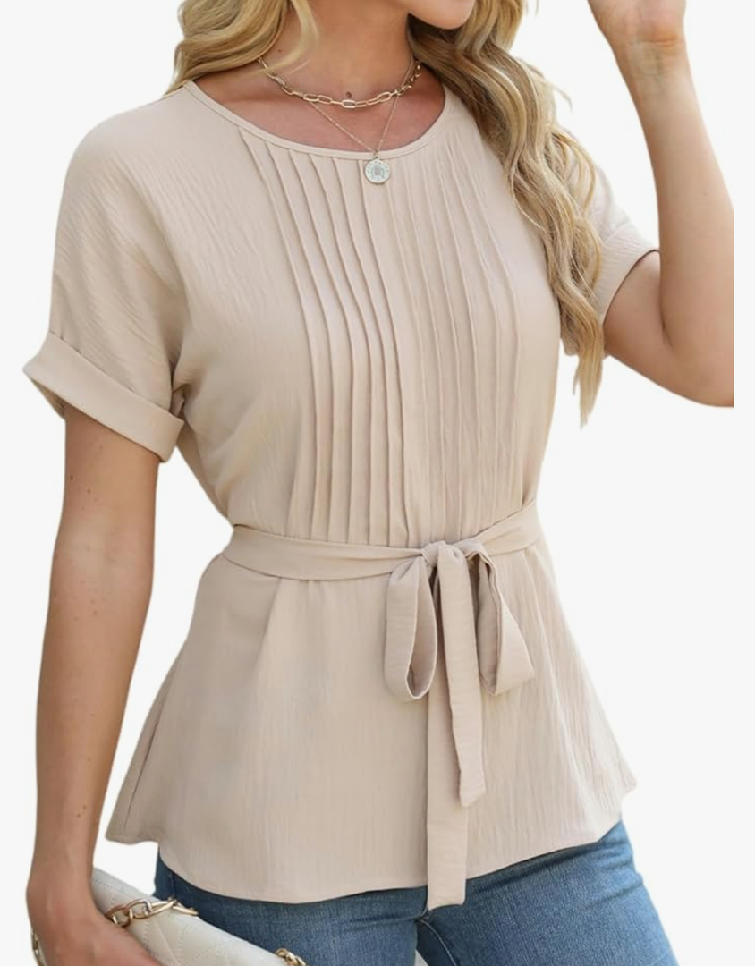 CiCiBird Women Dressy Casual Blouses Summer Peplum Tops Work Pleated Blouse, XL, Apricot