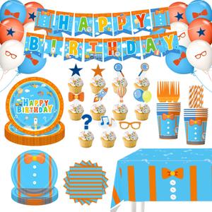 188 Pcs Birthday Party Decorations Set, Blue and Orange Theme with Banner, Balloons, Plates, Cups and Cupcake Toppers
