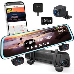Mirror Dash Cam 4 Channel Dash Cam Front and Rear/Inside, Touch Screen 12’’ FHD 1080Px4 Rear View Mirror Camera, 8 IR Night Vision, Built-in WiFi, GPS, Parking Monitor