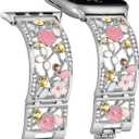 Floral Bracelet Compatible with Apple Watch Band 38mm 40mm 41mm 42mm iWatch Bands Series 10 9 8 7 6 SE,Bling Crystal Hollow Metal Strap,Cute Women Dressy Jewelry Wristband (38/40/41/42mm,Silver)