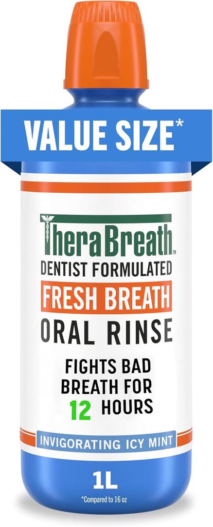 TheraBreath Fresh Breath Oral Rinse, Invigorating ICY Mint Flavor, Dentist Formulated and ADA-Accepted Mouthwash pH-Balanced, Alcohol Free & Non-Burning, 1 Liter