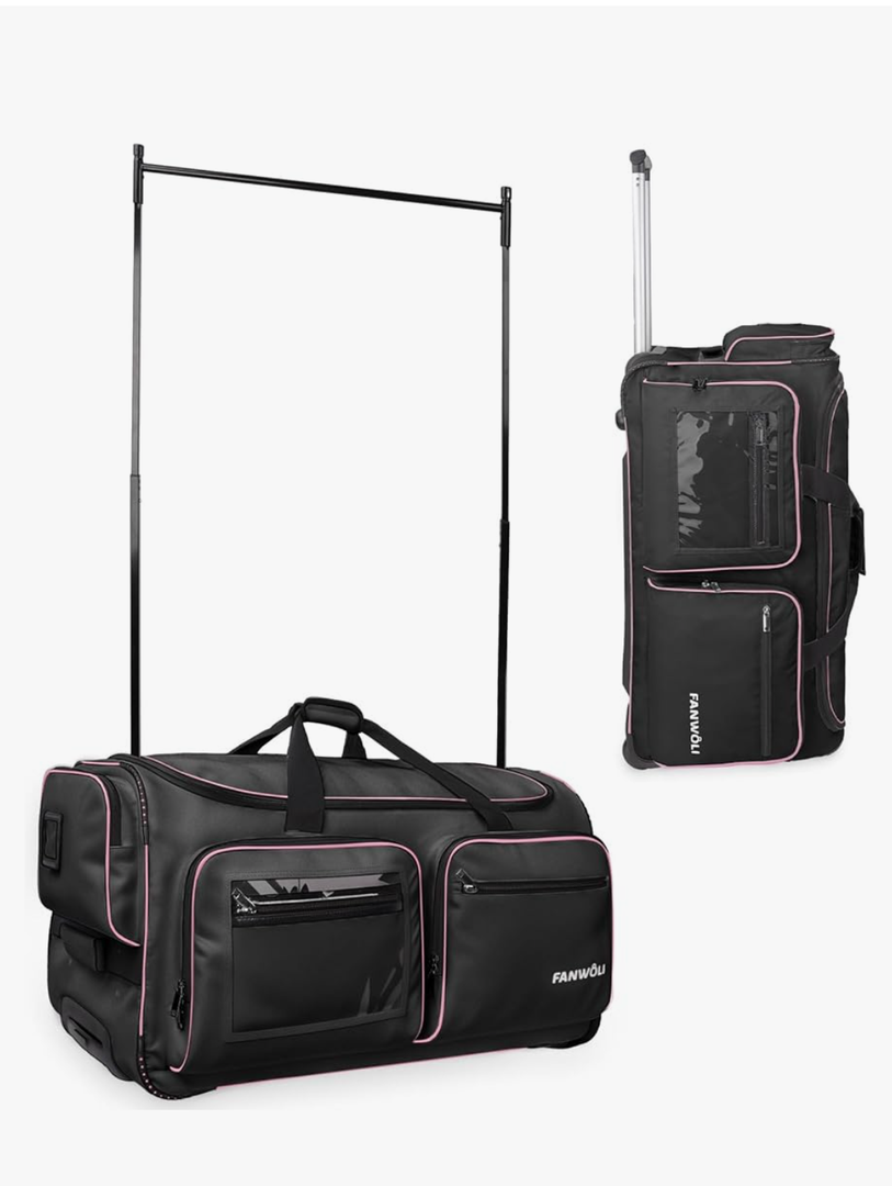 Fanwoli 28" Dance Bag with Garment Rack | Upgraded Stable System & Fabric | More Lightweight & Wear-Resistant | Ideal Competition Rolling Duffle Bag | Black/Pink Trim