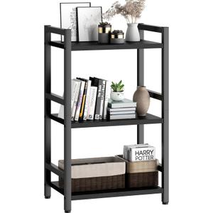 Book Shelf, 3 Tier Bookcase with Steel Frame, Stable Bookshelf Narrow Book Shelves Storage Organizer for Book CD Movie, Open Book Shelves for Living Room, Home Office, Study, Black