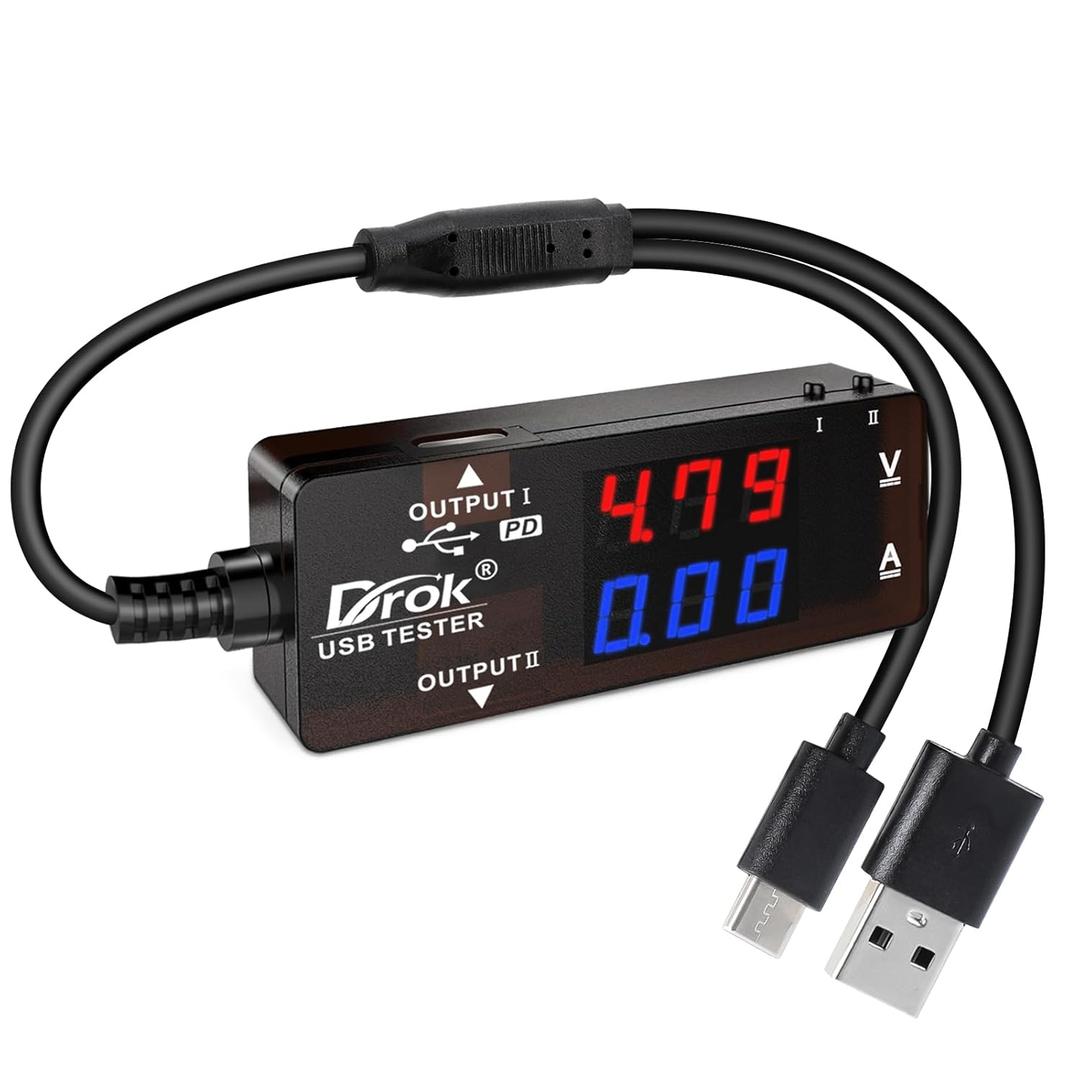 DROK USB Tester, USB-A USB-C 2.0 Multimeter Dual USB Ports PD QC 3.0 with Color LED Display Battery Charger Monitor, 7 Modes Capacity Voltage Current Power for Laptop Power Bank Solar Panel