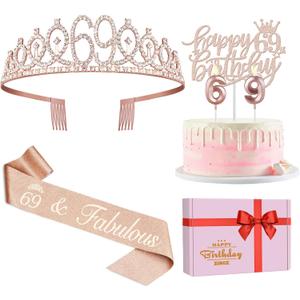 69th Birthday Decorations for Women, Including Birthday Sash, Crown/Tiara, Candles, Cake Topper, 69 Year Old Gifts for Women
