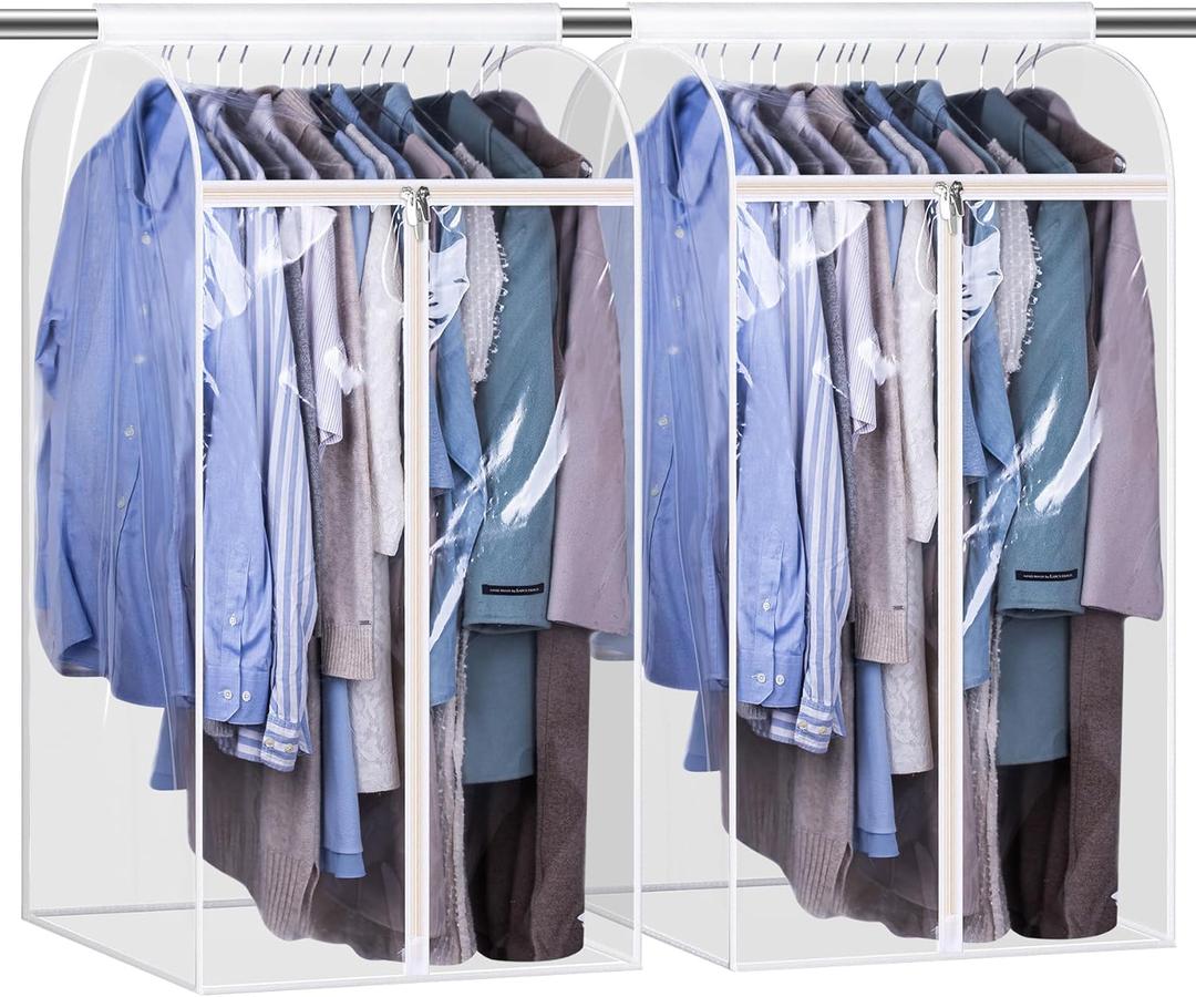 KEETDY 43" Hanging Garment Bags for Closet Storage Large Clear Window Hanging Clothes Storage Garment Rack Cover Coat Protector for Suit, Wardrobe, Bottom Enclosed, 2 Packs