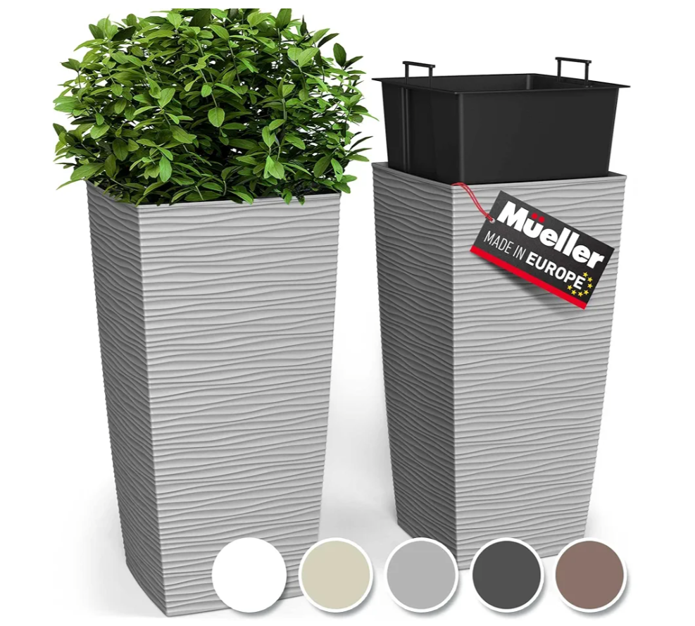 Mueller M-Resin Heavy Duty Tall Planters for Outdoor Plants, Indoor Grande Plant Pots, Boxes, Trees, Flower Pots, 2-Piece Set, 18”, Modern Design, Built-in Drainage, Front Porch Decor, Light Grey