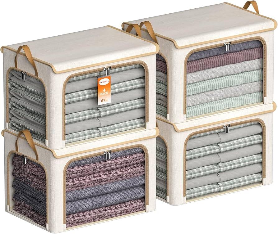 4 Pack Clothes Storage Bins with Metal Frame - Stackable Storage Box with Lid，66L Foldable Storage Container Organizer for Clothes，Linen Fabric Storage Box with Clear Window＆Zipper