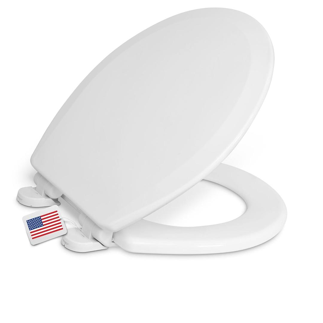 Centoco Round Toilet Seat, Heavy-Duty Wood Core with Plastic Scratch-Resistant Finish, Soft Close, Made in the USA, DSAMAZ7SC-001, White