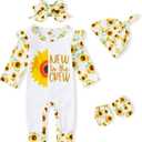 GRNSHTS Newborn Baby Girl Romper Infant Letter Print Jumpsuit Floral Bodysuit+Hat+Headband+Gloves Coming Home Clothes Outfits (Sunflower Yellow)