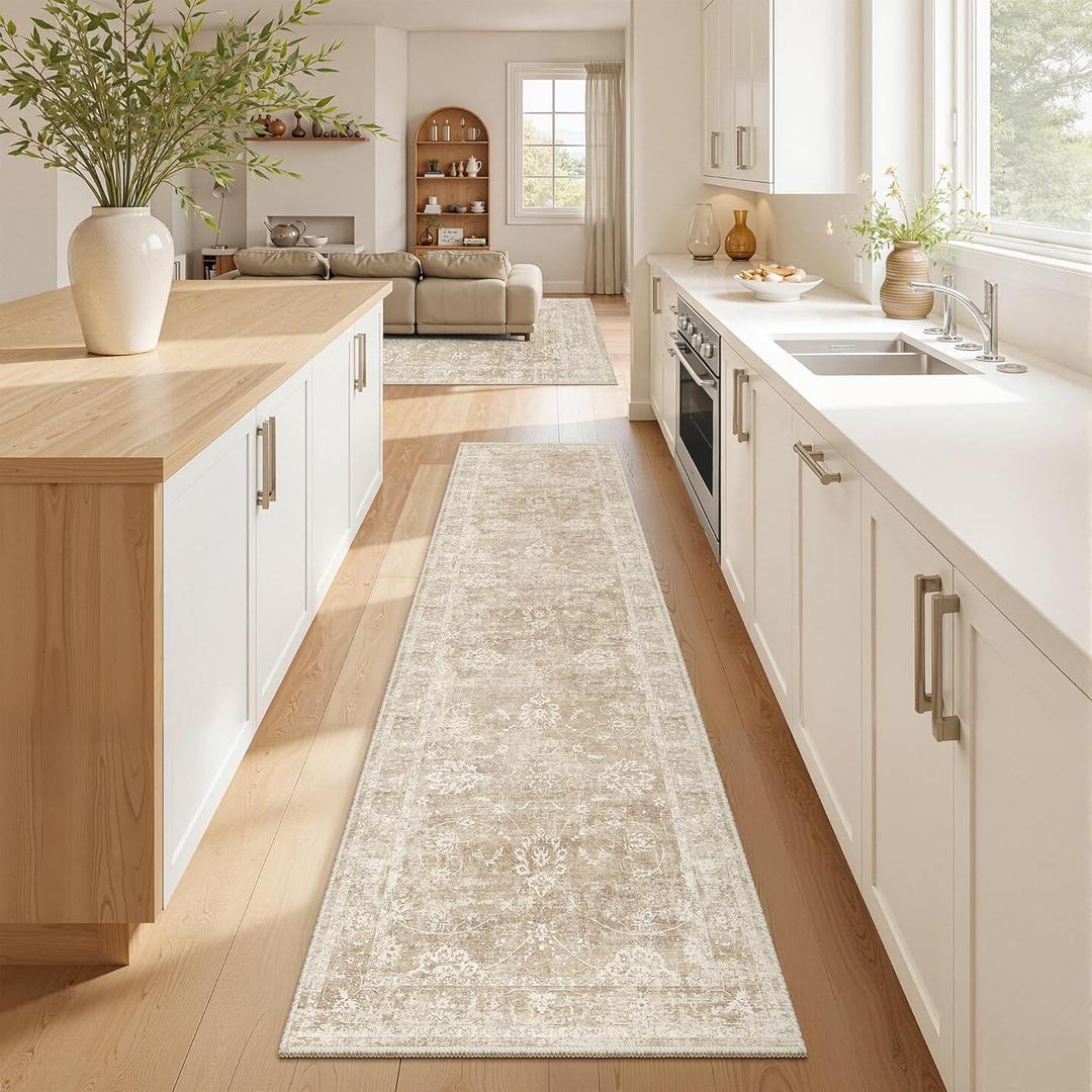 Madane Rug Runner for Hallways 2.5x8, Washable Kitchen Runner Rugs with Non Slip Backing, Soft Floral Print 2'6''x8 Carpet Runners for Laundry Room, Bedroom, Beige/Brown