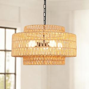 24" Large Rattan Chandelier, 6-Light Boho Dining Room Light Fixture Over Table, Natural Handwoven Wicker Pendant Lamp for Living Room, Coastal Farmhouse Hanging Ceiling Light