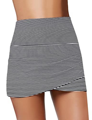 GRAPENT Women's Striped High Waist Tulip Hem Shirring Swim Skirt Bathing Suit Swimwear Swimsuit Bikini Bottom Size Small US 4-6 (L)