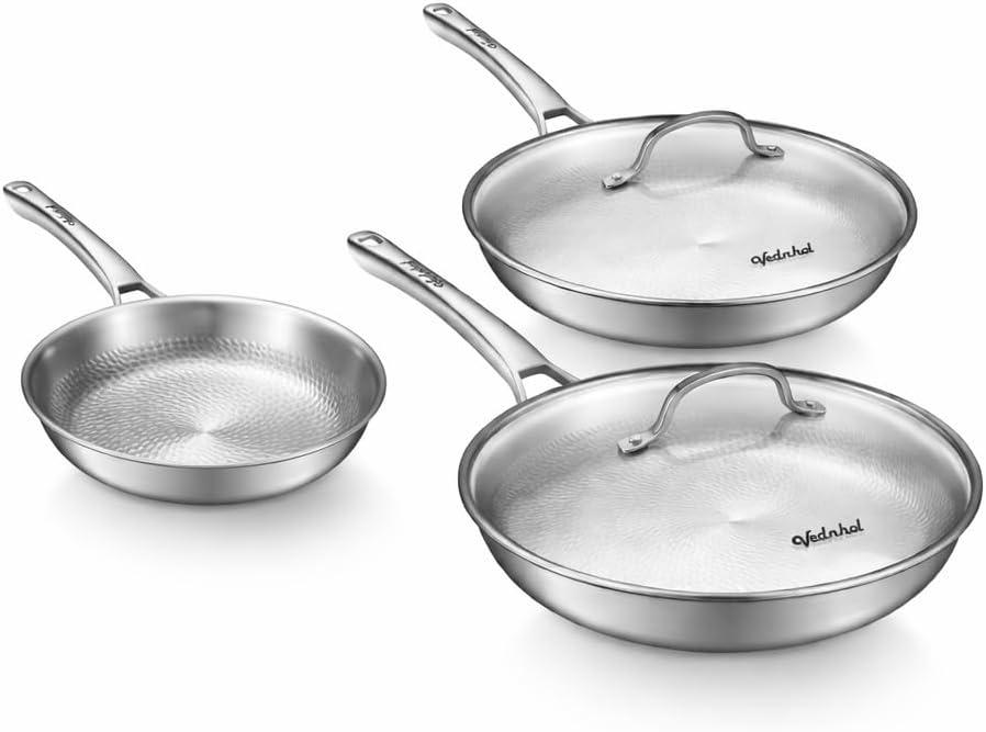 Titanium Pans set with 2Lids,8+10+12Inch Pure Titanium Hammered Upgarde Pro Non-Toxic Skillet for Cooking, PFAS/PFOA/PTFE Free Cookware, Dishwasher&Oven Safe, Kitchen Induction Compatible