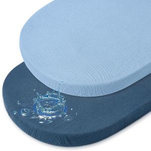Baby Bassinet Sheets TPU Waterproof 2 Pack Soft Muslin Bedside Bassinet Mattress Sheets with Bottom Elastic Band for Baby Boy Girls Unisex Fit Hourglass Oval and Rectangle, Blue