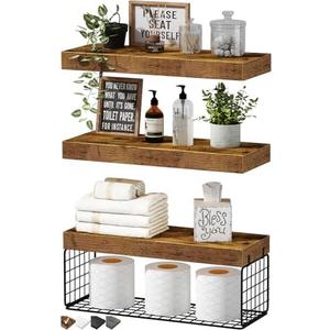 QEEIG Bathroom Shelves Over Toilet - Wall Mounted Floating Shelves Toilet Paper Storage Small Farmhouse Decor Shelf 16 inch Set of 3, Rustic Brown (019-BN3)