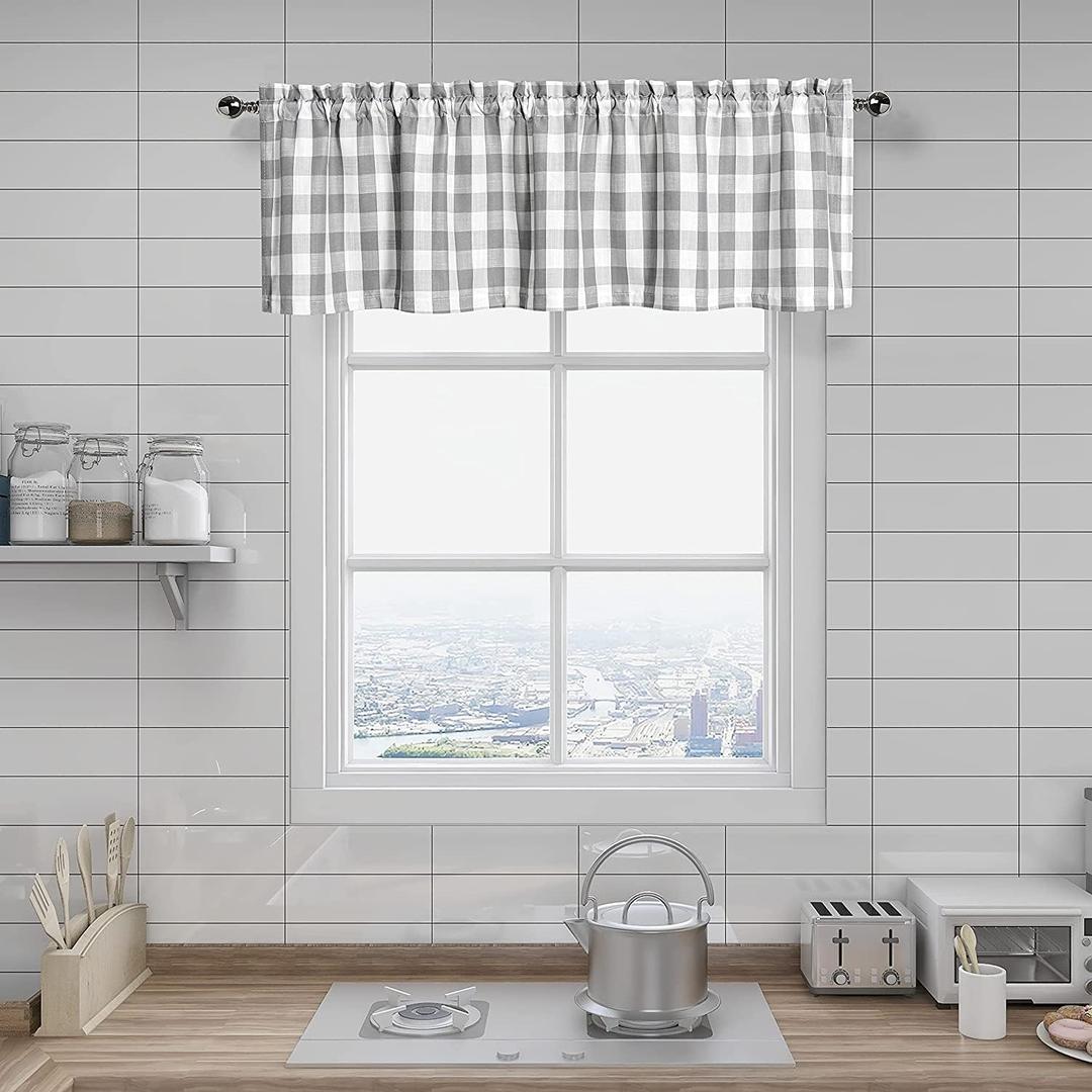 Amzdecor Grey White Buffalo Plaid Valance Linen Sheer Cafe Curtain Buffalo Check Plaid Rod Pocket Rustic Farmhouse Kitchen Window Treatment for Living Room Bedroom,1 Panel, 55''x15'',Silver Gray White