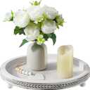 Handmade 12 Inch Decorative Tray, Small Beaded Tray Coffee Table Decor, White Washed Round Wooden Tray for Coffee Table, Dining Room Table Entryway and Living Room