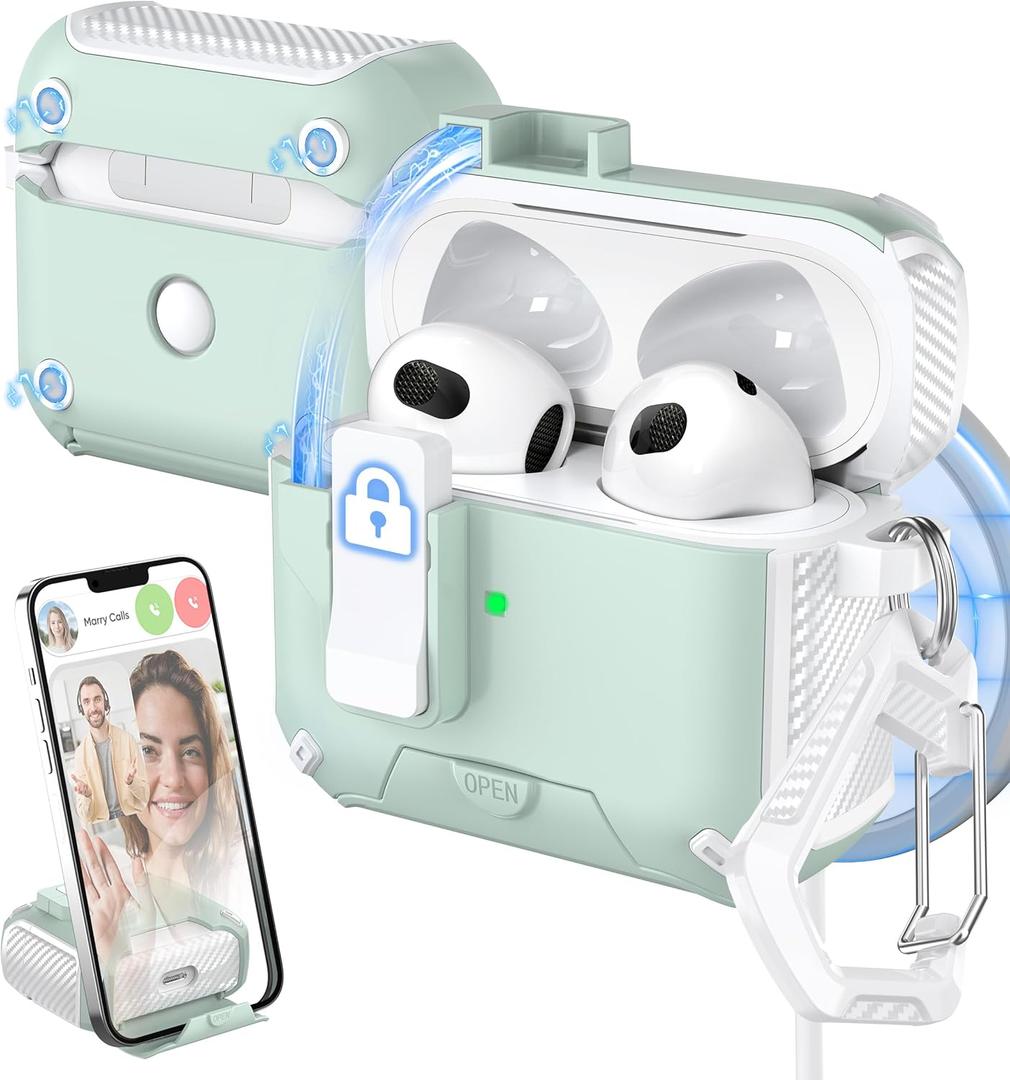 for AirPods 3rd Generation Case Cover, Compatible with Magsafe, Magnetic Automatic Lock, Charging Port Dust-Proof & Stand Design with Cleaning Kit, White/Green