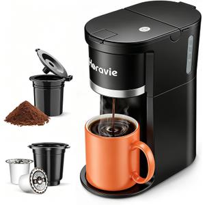 Horavie Small Single Serve Coffee Maker, Fast Brew One Cup Coffee Machine for K Cup and Grounds, 6 to 12 oz. Brew Sizes, Pod Coffee Maker with Descaling Reminder and Viewing Tank, Black (9.45 Inches)