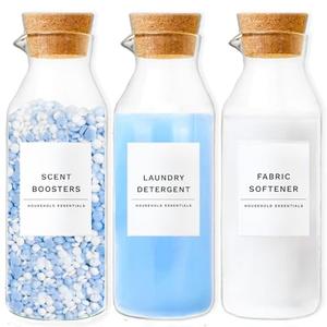 Glass Laundry Detergent Dispenser Set with Cork Lids, Fabric Softener Dispenser, Easy Pour 3 Pack Laundry Bottles, Liquid Detergent Containers, Scent Booster & Bleach Container for Laundry Room