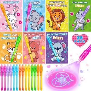 Jumlys Valentines Day Cards for Kids School, 28 Pack Invisible Ink Pens with Greeting Cards, Valentine Day Party Favors for Boys Girls, Ideal Exchange Cards for Classroom
