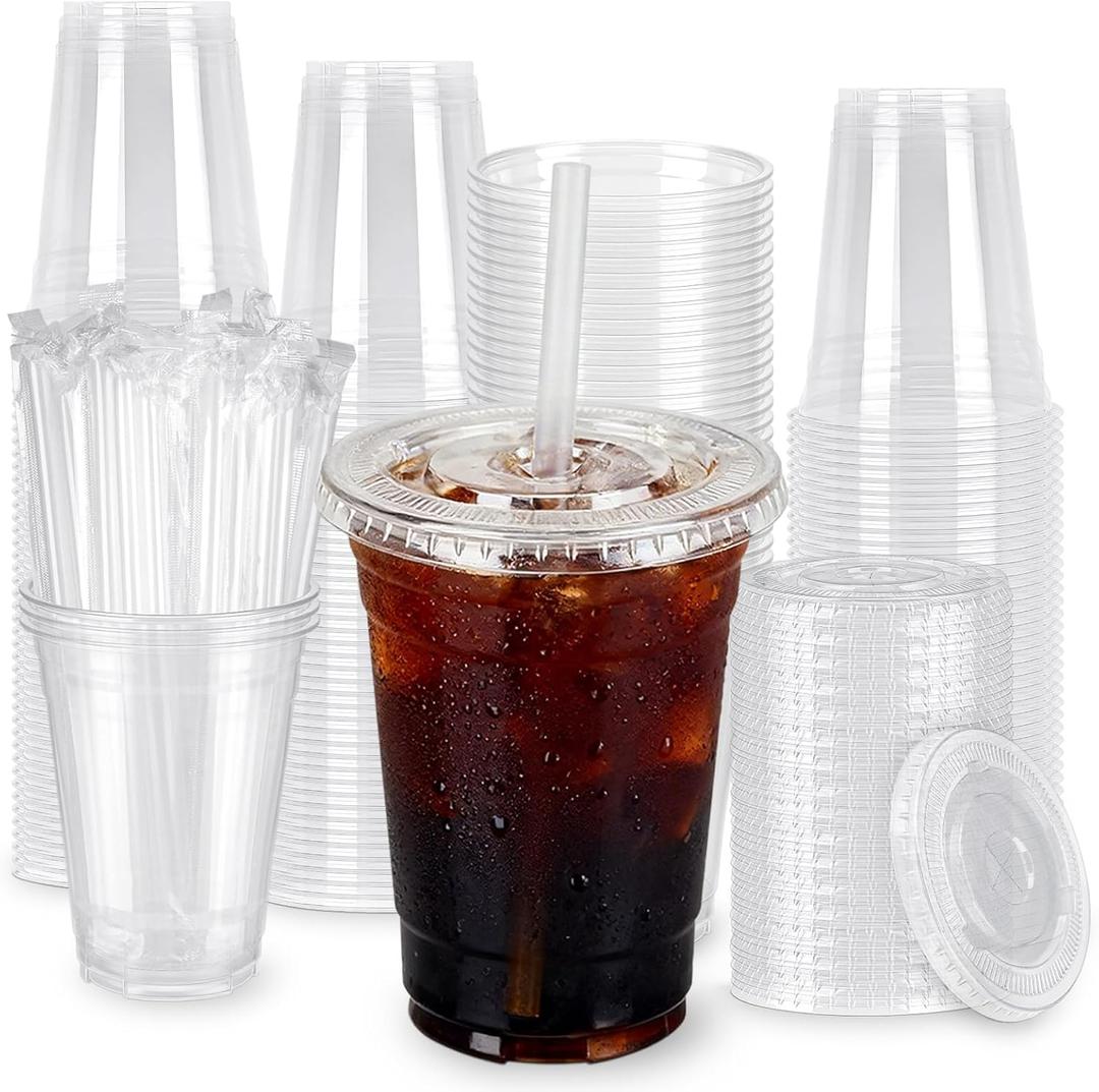 100 Pack 16oz Clear Plastic Cups with Lids and Straws, Leak-Proof Disposable Iced Coffee Cups, BPA-Free Recyclable PET To-Go Cups for Smoothies & Cold Drinks