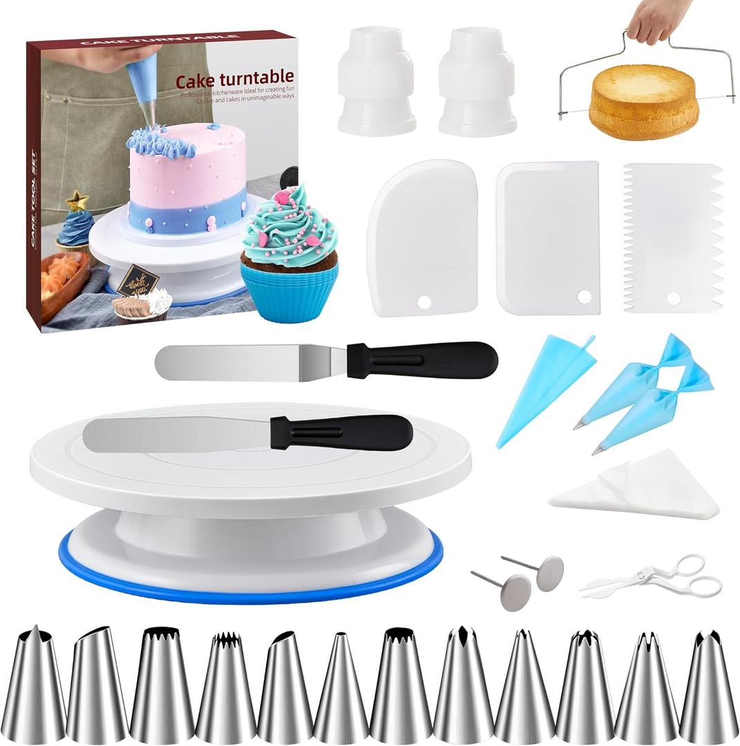 Cake Decorating Tools Supplies Kit - 82Pcs Baking Accessories with Turntable Stand Leveler 12 Piping Tips 52 Bags Icing Comb Scrapers Spatulas Cupcake Cookie Frosting Fondant Bakery Set for Beginners