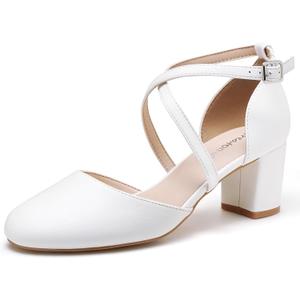 Greatonu Women's Low Block Heeled Dress Pumps Closed Round Toe Cross Strap Wedding Bridal Party Office Shoes 2.5 Inch (White, 7.5)