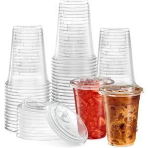 16 oz. Clear Cups with Strawless Sip-Lids, PET Crystal Clear Disposable 16oz Plastic Coffee Cups with Lids [50 Sets]