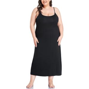 Papicutew Women's Full Slip for Under Dresses Plus Size Long Nightgown Cami Dress (Black) 18W