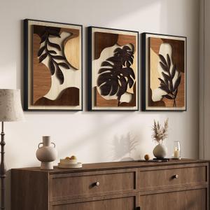 Framed Wood 3D Boho Textured Wall Art Bedroom, 3 Piece Tropical Botanical Carved Wooden Artwork for Walls, Brown Monstera Leaf Wood Wall Art Decor for Living Room Dining Room Home Office, 16x24 Inch